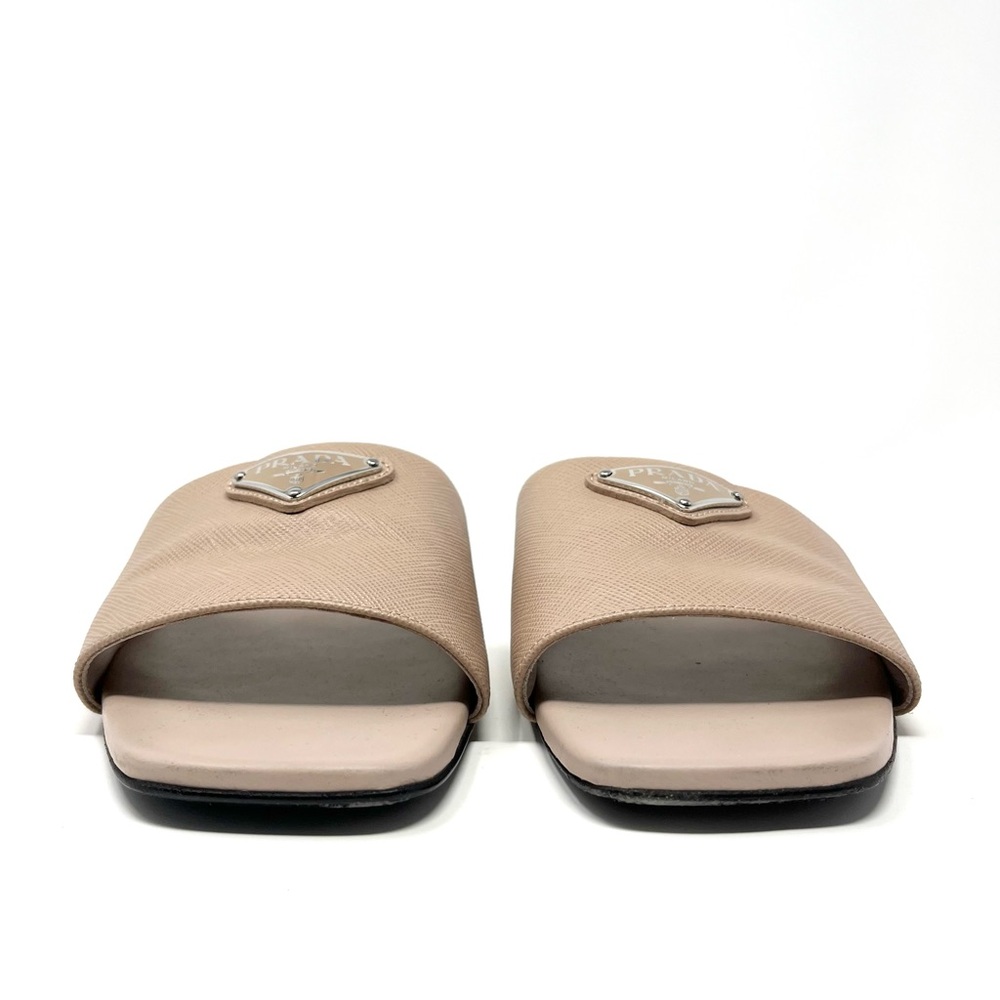 Prada Beige Nude Tan Saffiano Leather Triangle Logo Flat Slides Sandals 37 7 - Picture 3 of 10